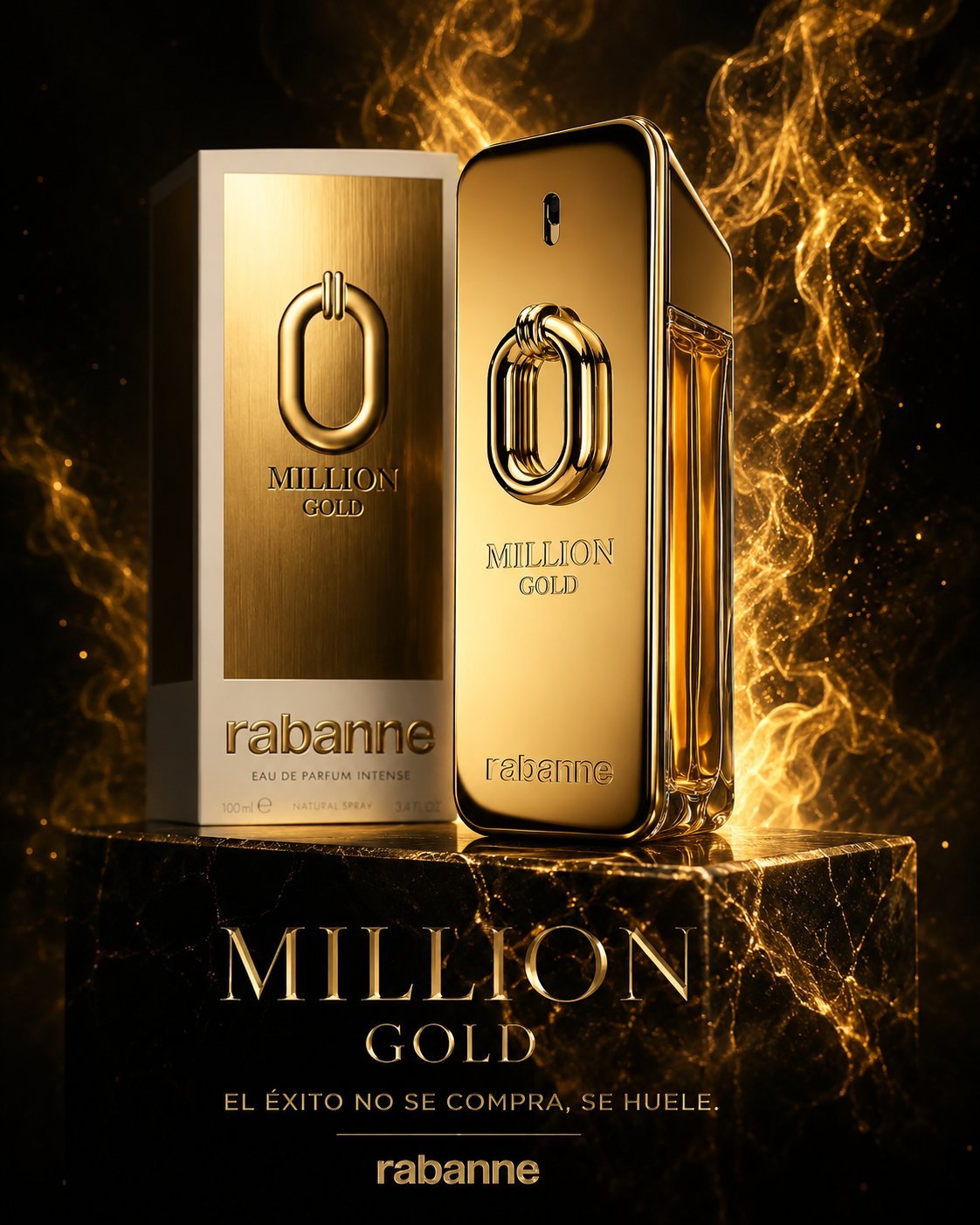Rabanne 1 Million Gold sobre mármol negro con humo dorado