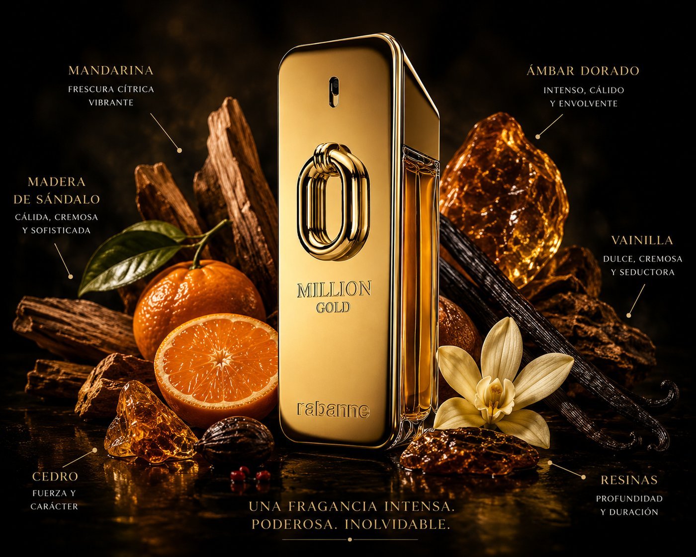 Pirámide olfativa Million Gold — mandarina, sándalo, cedro, ámbar, vainilla