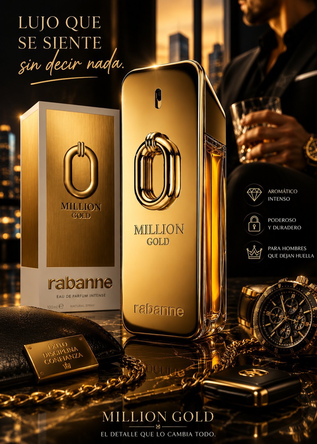 Million Gold packaging con frasco oro y caja